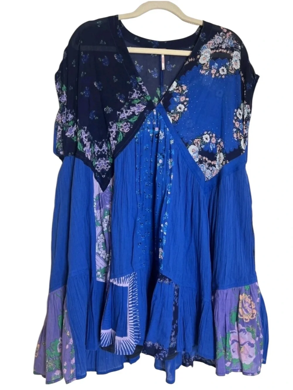 FREE PEOPLE Mended Scarves Patchwork Mini Dress Blue Dark Combo Large MSRP$148